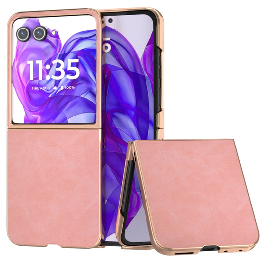 For Motorola Razr 50 Ultra Electroplated Frame PU Leather Full Coverage Phone Case(Pink) - Motorola Cases by buy2fix | Online Shopping UK | buy2fix