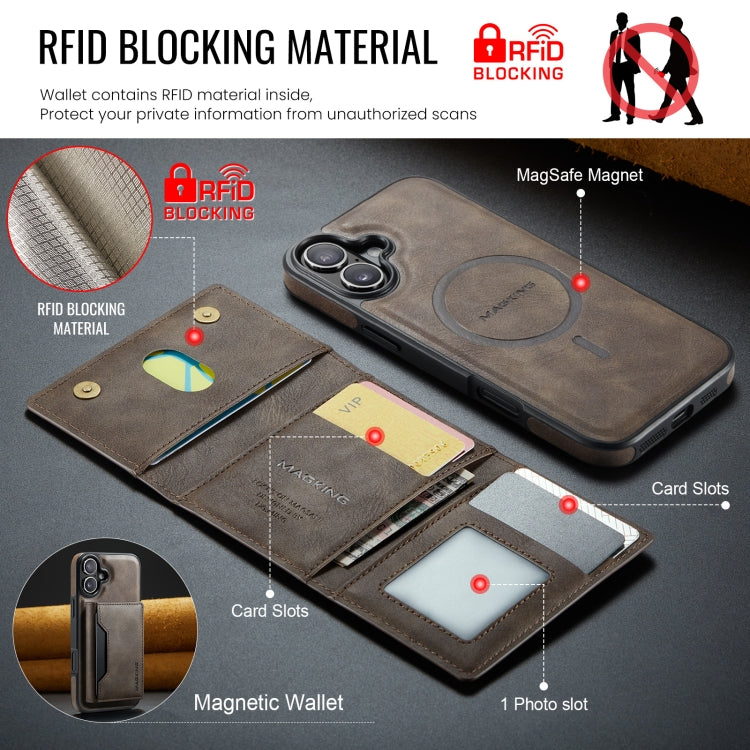 For iPhone 16 Plus DG.MING MAGKING-K2 Series MagSafe RFID Card Bag Detachable Phone Case(Coffee) - iPhone 16 Plus Cases by DG.MING | Online Shopping UK | buy2fix