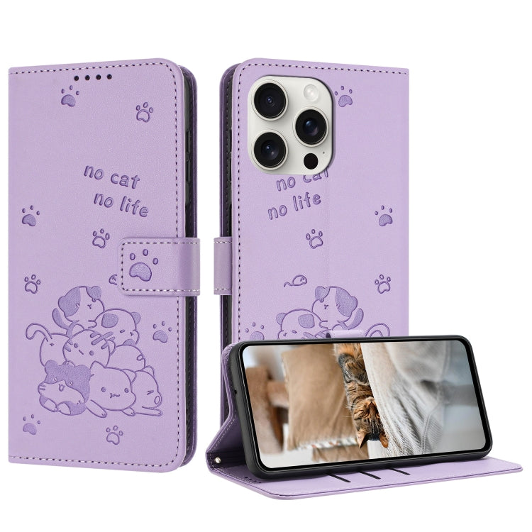 For iPhone 16 Pro Max Embossed Kitten Phone Leather Case with Lanyard(Purple) - iPhone 16 Pro Max Cases by buy2fix | Online Shopping UK | buy2fix