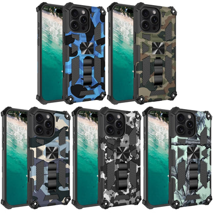 For iPhone 16 Pro Camouflage Armor Kickstand TPU Hybrid PC Magnetic Phone Case(Black) - iPhone 16 Pro Cases by buy2fix | Online Shopping UK | buy2fix