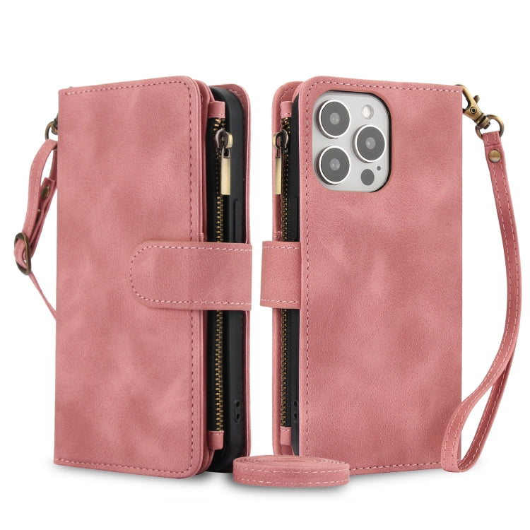 For iPhone 16 Pro Dream 9-Card Zipper Wallet RFID Leather Phone Case with Lanyard(Rose Gold) - iPhone 16 Pro Cases by buy2fix | Online Shopping UK | buy2fix