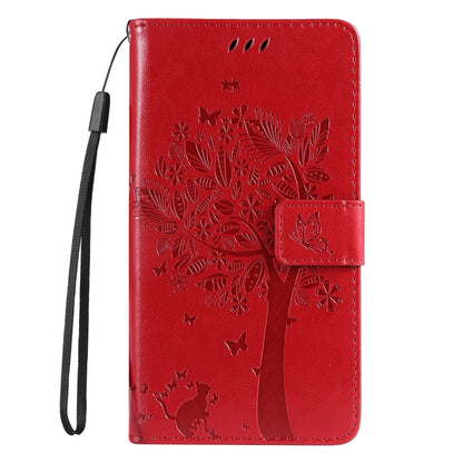 For Samsung Galaxy S25 / S24 5G Tree & Cat Embossed Pattern Flip Leather Phone Case(Red) - Galaxy S25 5G Cases by buy2fix | Online Shopping UK | buy2fix