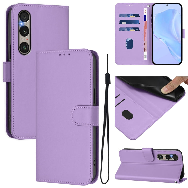 For Sony Xperia 1 VI 2024 Skin Feel Solid Color Leather Phone Case with Lanyard(Lavender Purple) - Sony Cases by buy2fix | Online Shopping UK | buy2fix