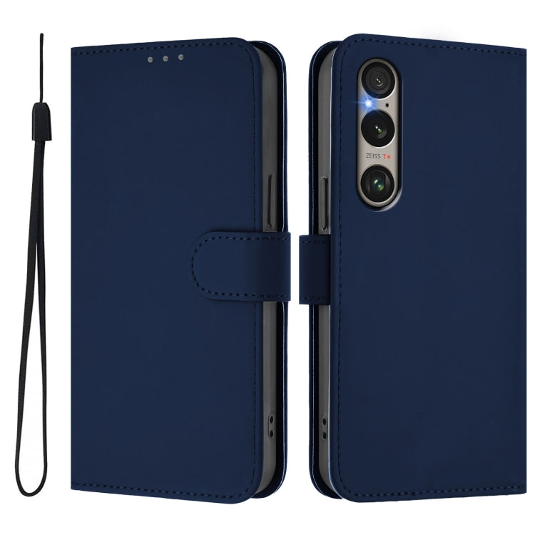 For Sony Xperia 1 VI 2024 Skin Feel Solid Color Leather Phone Case with Lanyard(Navy Blue) - Sony Cases by buy2fix | Online Shopping UK | buy2fix