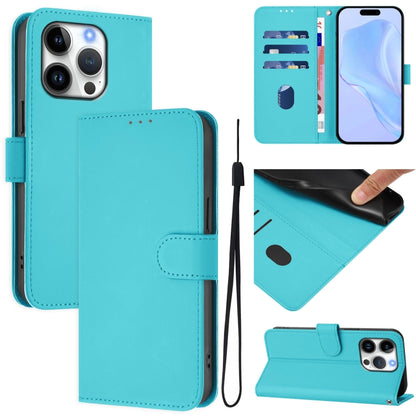 For iPhone 16 Pro Skin Feel Solid Color Leather Phone Case with Lanyard(Lake Blue) - iPhone 16 Pro Cases by buy2fix | Online Shopping UK | buy2fix