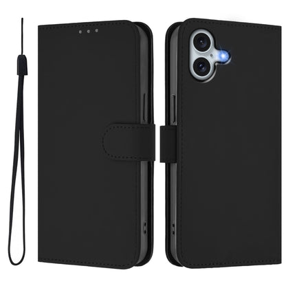 For iPhone 16 Plus Skin Feel Solid Color Leather Phone Case with Lanyard(Black) - iPhone 16 Plus Cases by buy2fix | Online Shopping UK | buy2fix