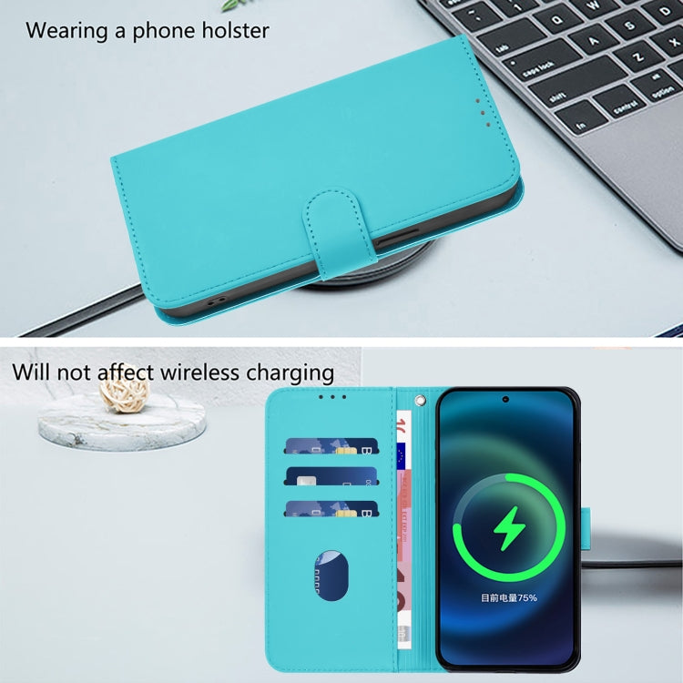 For iPhone 16 Plus Skin Feel Solid Color Leather Phone Case with Lanyard(Lake Blue) - iPhone 16 Plus Cases by buy2fix | Online Shopping UK | buy2fix