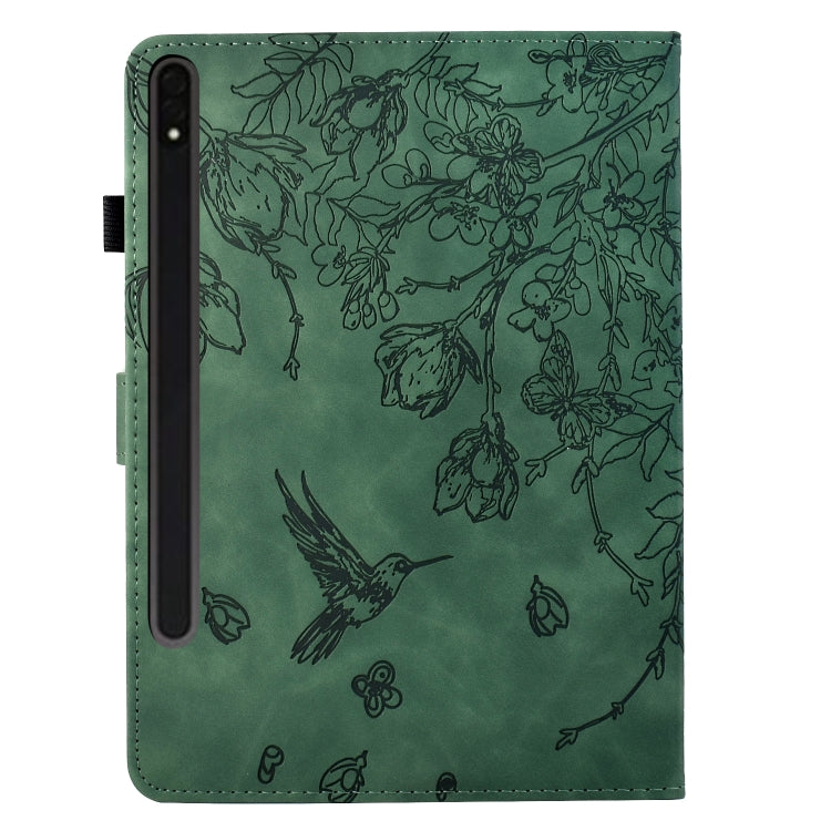 For Samsung Galaxy Tab S9 Flowers and Bird Embossed Smart Leather Tablet Case(Green) - Galaxy Tab S9 Cases by buy2fix | Online Shopping UK | buy2fix