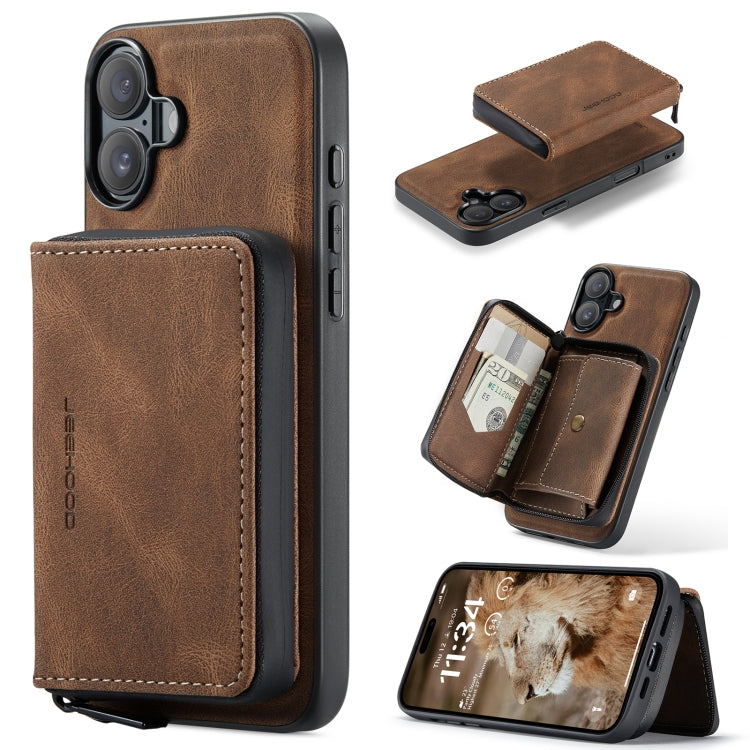 For iPhone 16 Plus JEEHOOD J02 Magnetic Zipper Horizontal Flip Leather Phone Case(Brown) - iPhone 16 Plus Cases by JEEHOOD | Online Shopping UK | buy2fix