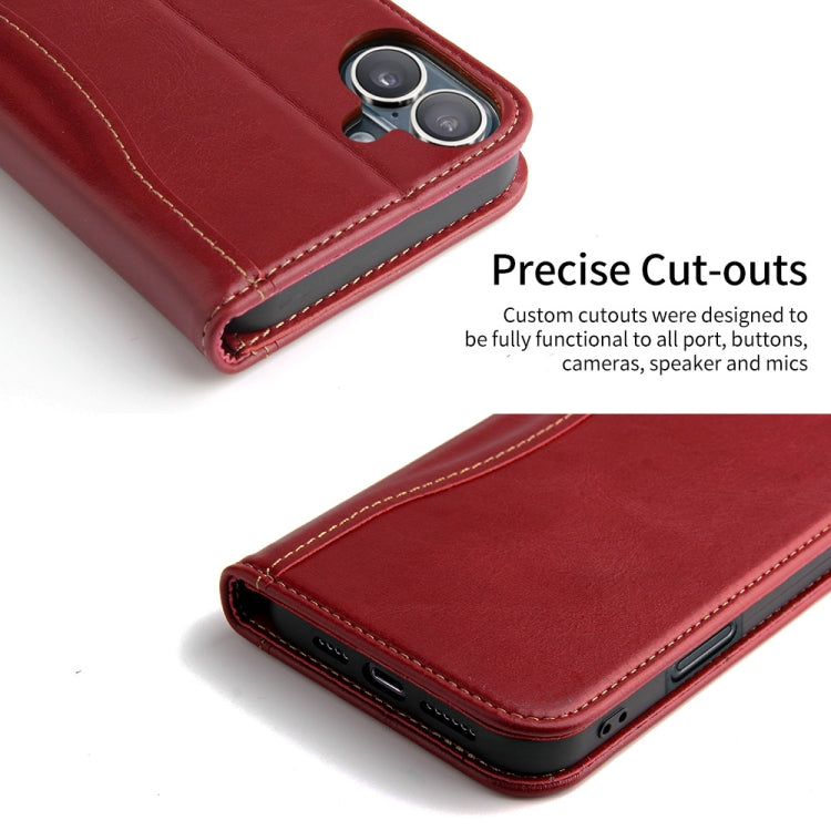 For iPhone 16 Plus Fierre Shann Cowhide Leather Flip Leather Phone Case(Red) - iPhone 16 Plus Cases by FIERRE SHANN | Online Shopping UK | buy2fix