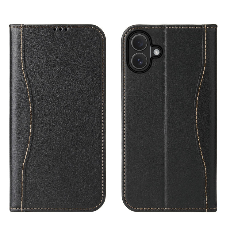 For iPhone 16 Fierre Shann Cowhide Leather Flip Leather Phone Case(Black) - iPhone 16 Cases by FIERRE SHANN | Online Shopping UK | buy2fix