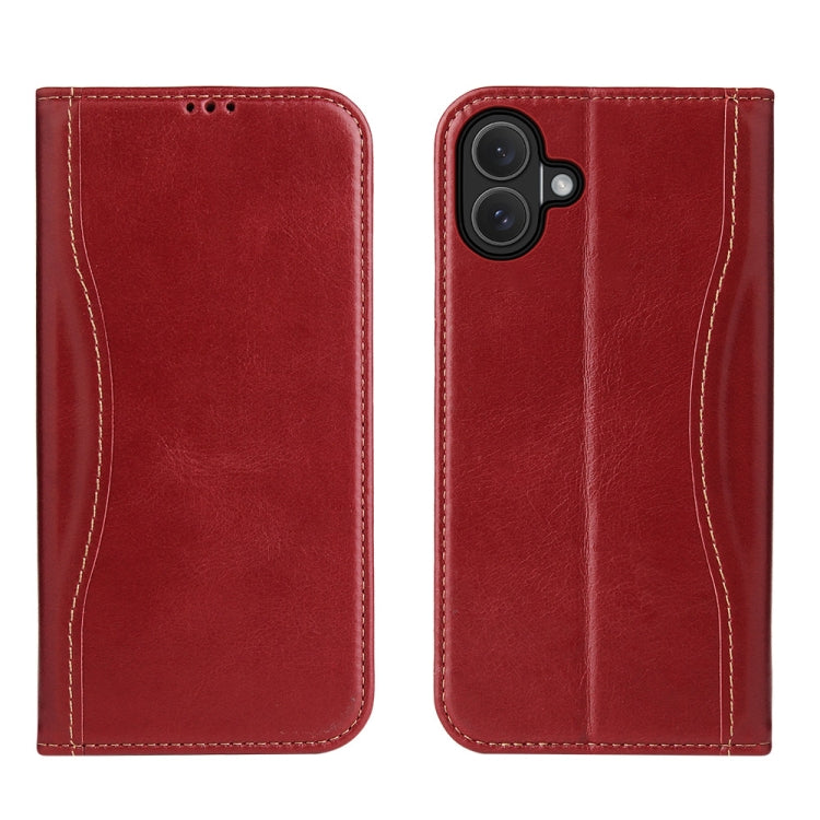 For iPhone 16 Fierre Shann Cowhide Leather Flip Leather Phone Case(Red) - iPhone 16 Cases by FIERRE SHANN | Online Shopping UK | buy2fix