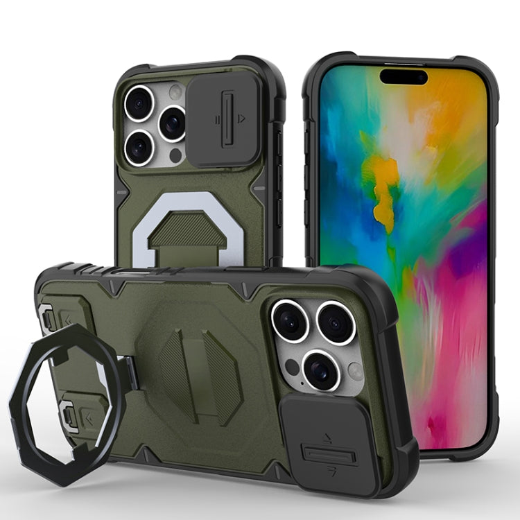 For iPhone 16 Pro Max Camera Shield Armor MagSafe Holder Phone Case with Strap(Dark Green) - iPhone 16 Pro Max Cases by buy2fix | Online Shopping UK | buy2fix