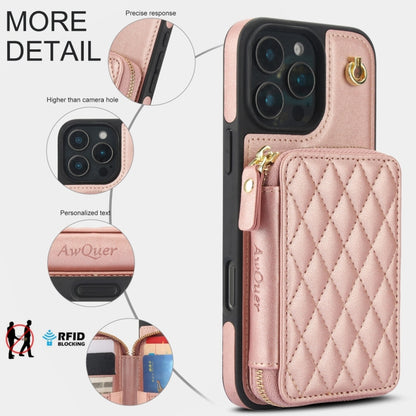 For iPhone 16 Pro AwQuer Crossbody Zipper Wallet Rhombic Leather Back Phone Case(Rose Gold) - iPhone 16 Pro Cases by Awquer | Online Shopping UK | buy2fix