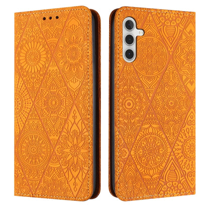 For Samsung Galaxy S25+ 5G Ethnic Embossed Adsorption Leather Phone Case(Yellow) - Galaxy S25+ 5G Cases by buy2fix | Online Shopping UK | buy2fix