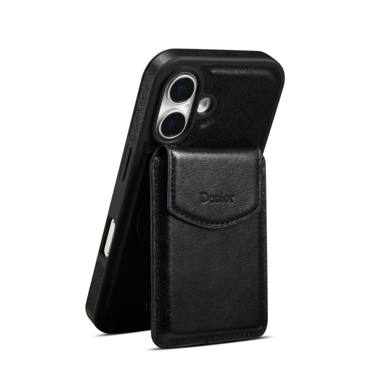 For iPhone 16 Plus Denior D22 Genuine Leather MagSafe Holder Detachable Card Slot Phone Case(Black) - iPhone 16 Plus Cases by Denior | Online Shopping UK | buy2fix