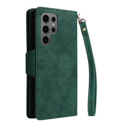 For Samsung Galaxy S25 Ultra 5G Rivet Buckle 9 Cards Three Fold Leather Phone Case(Green) - Galaxy S25 Ultra 5G Cases by buy2fix | Online Shopping UK | buy2fix