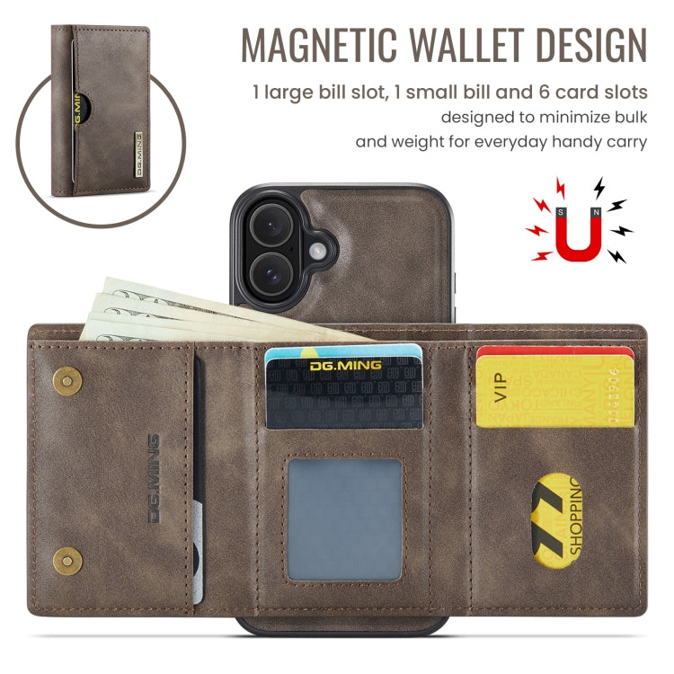 For iPhone 16 Plus DG.MING M6 Series RFID Tri-fold Card Bag Removable Leather Phone Case(Coffee) - iPhone 16 Plus Cases by DG.MING | Online Shopping UK | buy2fix