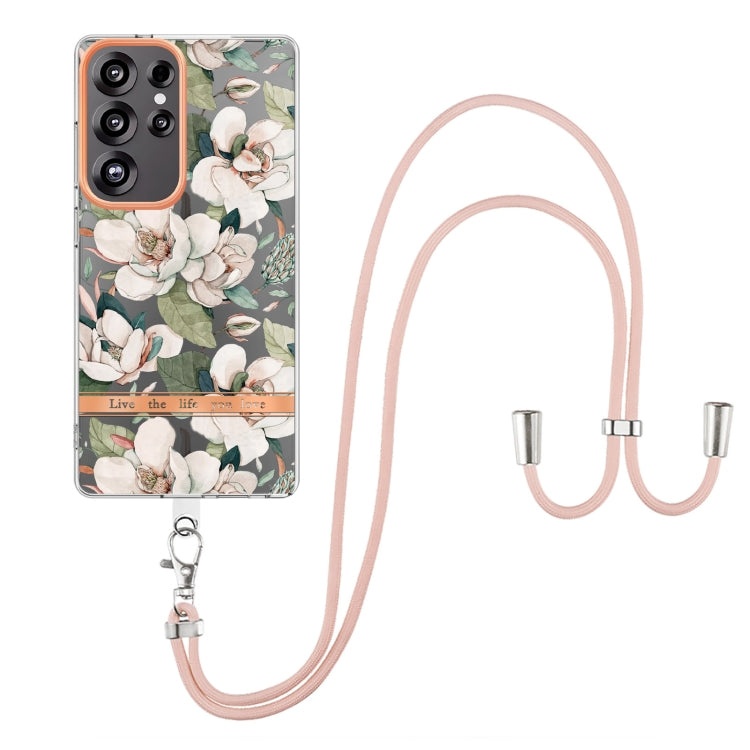 For Samsung Galaxy S25 Ultra 5G Flowers and Plants Series IMD TPU Phone Case with Lanyard(Green Gardenia) - Galaxy S25 Ultra 5G Cases by buy2fix | Online Shopping UK | buy2fix