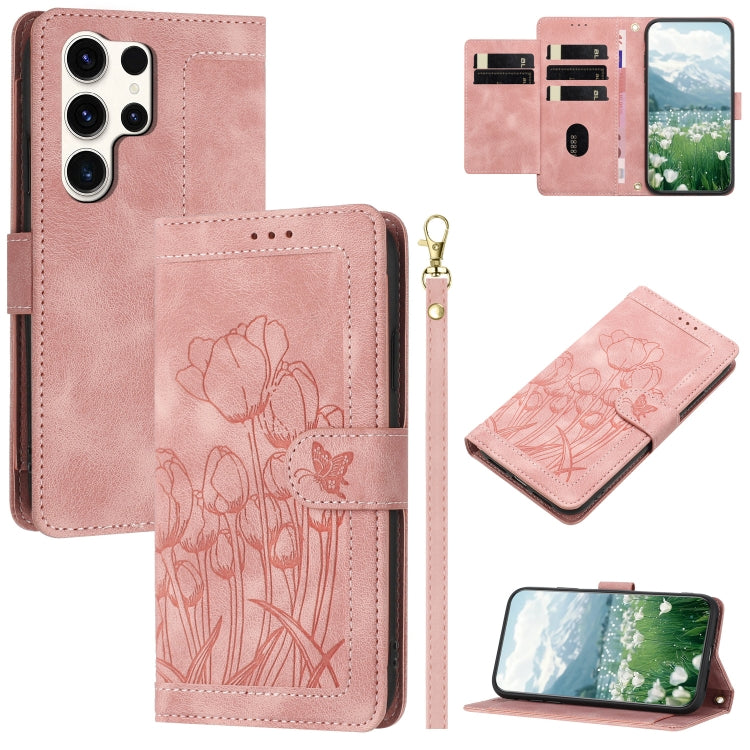 For Samsung Galaxy S25 Ultra 5G Tulips Embossed Leather Phone Case with Lanyard(Pink) - Galaxy S25 Ultra 5G Cases by buy2fix | Online Shopping UK | buy2fix