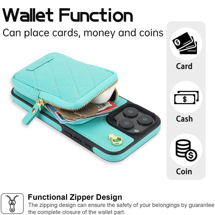 For iPhone 16 Plus AwQuer Crossbody Zipper Wallet Bag Litchi Leather Phone Case(Mint Green) - iPhone 16 Plus Cases by Awquer | Online Shopping UK | buy2fix