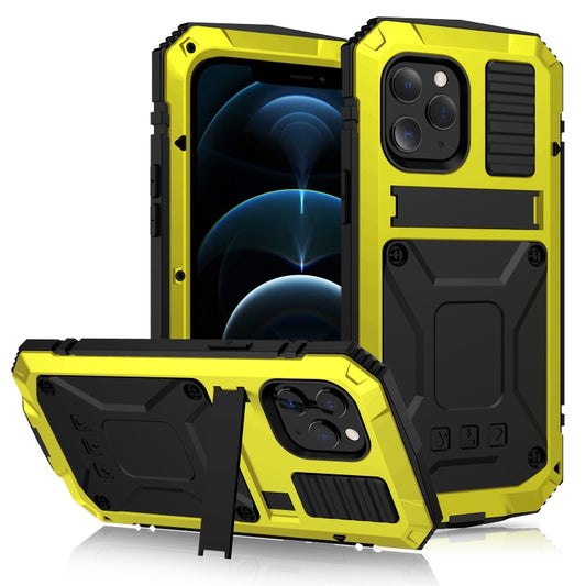 For iPhone 12 Pro Max R-JUST Shockproof Waterproof Dust-proof Metal + Silicone Protective Case with Holder(Yellow) - iPhone 12 Pro Max Cases by R-JUST | Online Shopping UK | buy2fix