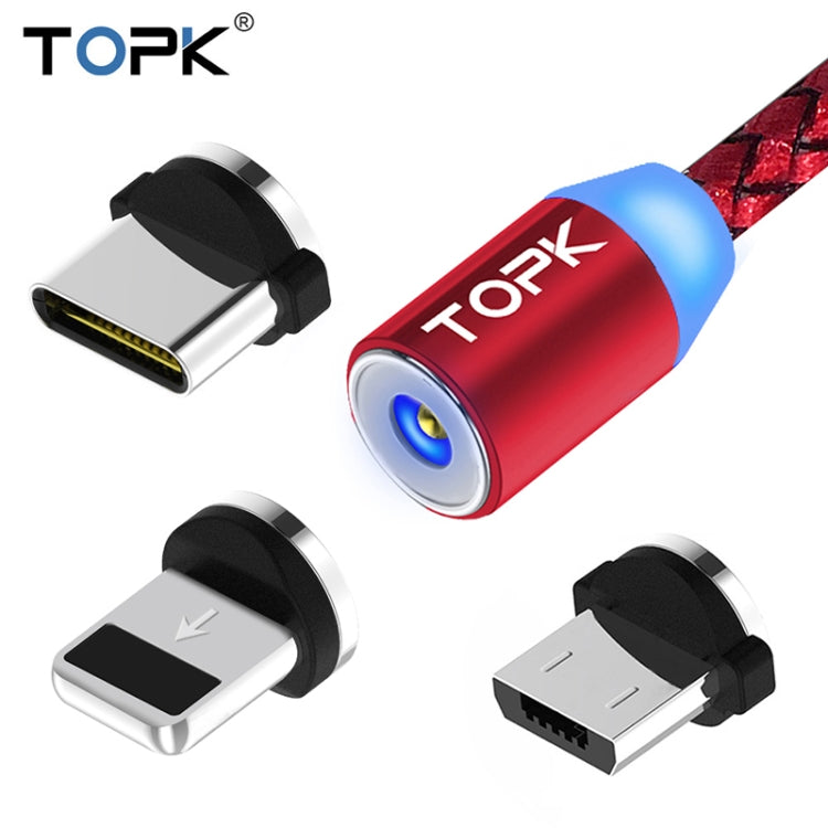 TOPK AM23 1m 2.1A Output USB to 8 Pin + USB-C / Type-C + Micro USB Mesh Braided Magnetic Charging Cable with LED Indicator(Red) - Charging Cable & Head by TOPK | Online Shopping UK | buy2fix