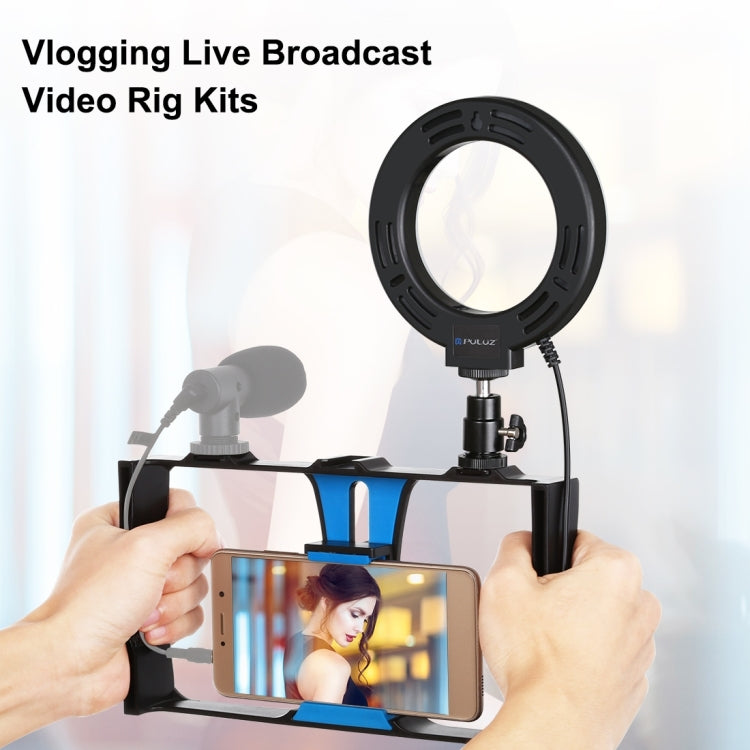 PULUZ 2 in 1 Vlogging Live Broadcast Smartphone Video Rig + 4.7 inch 12cm Ring LED Selfie Light Kits with Cold Shoe Tripod Head for iPhone, Galaxy, Huawei, Xiaomi, HTC, LG, Google, and Other Smartphones(Blue) - Camera Cage by PULUZ | Online Shopping UK | buy2fix