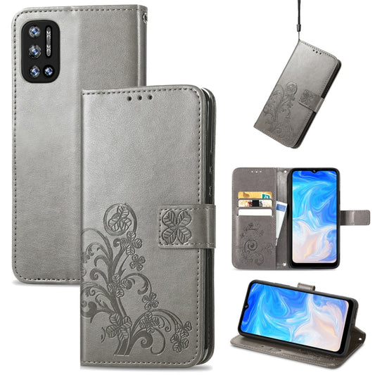 For DOOGEE N40 Pro Four-leaf Clasp Embossed Leather Case with Lanyard & Card Slot & Wallet & Holder(Grey) - More Brand by buy2fix | Online Shopping UK | buy2fix