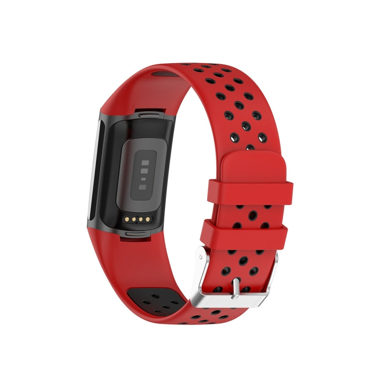 For Fitbit Charge 5 Double Color Metal Buckle Hole Silicone Watch Band(Red Black) - Watch Bands by buy2fix | Online Shopping UK | buy2fix