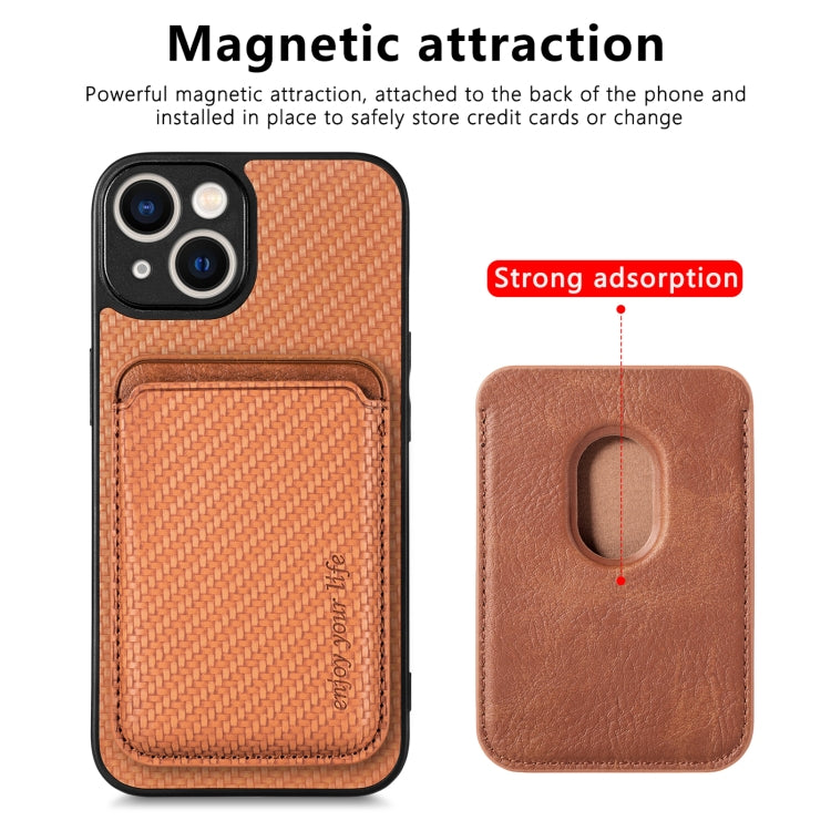 For iPhone 13 Carbon Fiber Leather Card Magsafe Magnetic Phone Case(Brown) - iPhone 13 Cases by buy2fix | Online Shopping UK | buy2fix