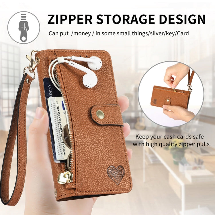 For iPhone 16 Love Zipper Lanyard Leather Phone Case(Brown) - iPhone 16 Cases by buy2fix | Online Shopping UK | buy2fix