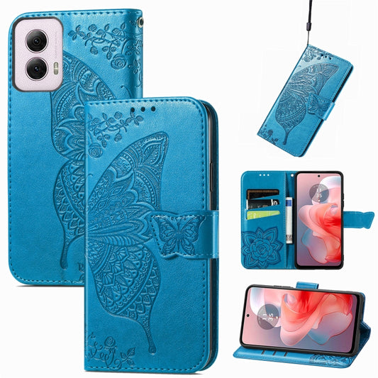 For Motorola Moto G Power 2024 Butterfly Love Flower Embossed Leather Phone Case(Blue) - Motorola Cases by buy2fix | Online Shopping UK | buy2fix