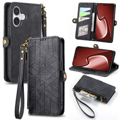 For iPhone 16 Geometric Zipper Wallet Side Buckle Leather Phone Case(Black) - iPhone 16 Cases by buy2fix | Online Shopping UK | buy2fix