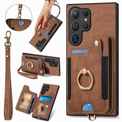 For Samsung Galaxy S25 Ultra 5G Retro Skin-feel Ring Multi-card Wallet Phone Case(Brown) - Galaxy S25 Ultra 5G Cases by buy2fix | Online Shopping UK | buy2fix