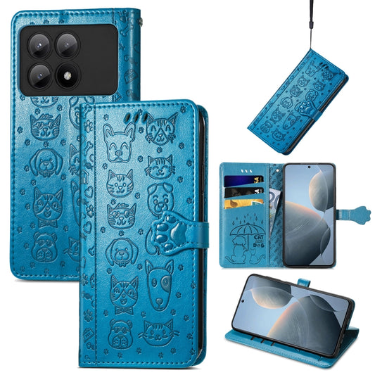 For Xiaomi Redmi K70E Cat and Dog Embossed Leather Phone Case(Blue) - K70E Cases by buy2fix | Online Shopping UK | buy2fix