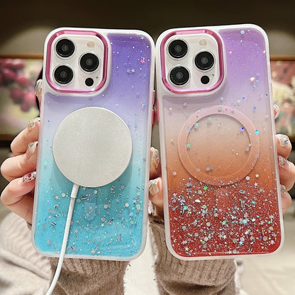 For iPhone 15 Pro Multicolor Gradient Glitter Sequin MagSafe TPU Phone Case(Pink+Yellow) - iPhone 15 Pro Cases by buy2fix | Online Shopping UK | buy2fix