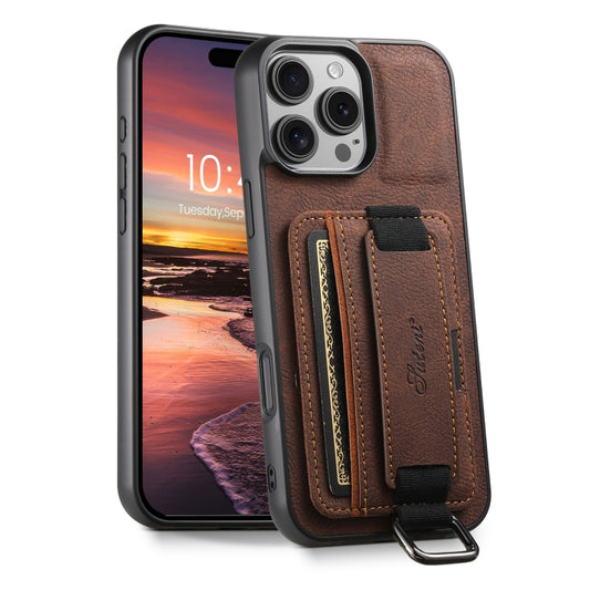 For iPhone 16 Pro Max Suteni H13 Litchi Leather Wrist Strap Wallet Back Phone Case(Brown) - iPhone 16 Pro Max Cases by Suteni | Online Shopping UK | buy2fix