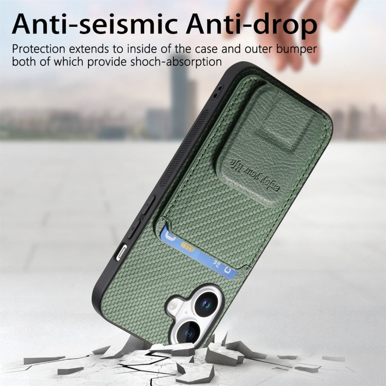 For iPhone 16 Carbon Fiber Card Bag Fold Stand Phone Case(Green) - iPhone 16 Cases by buy2fix | Online Shopping UK | buy2fix