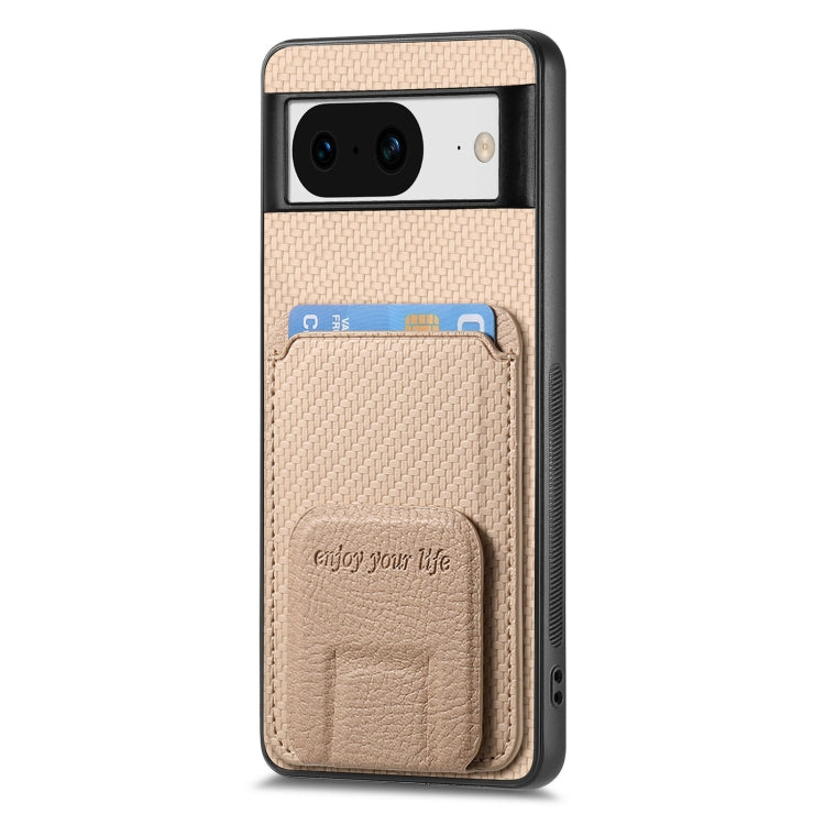 For Google Pixel 8 Carbon Fiber Card Bag Fold Stand Phone Case(Khaki) - Google Cases by buy2fix | Online Shopping UK | buy2fix