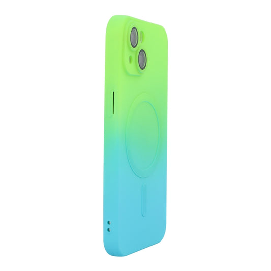 For iPhone 15 Plus ENKAY Hat-Prince MagSafe Rainbow Gradient Silicone Phone Case with Lens Film(Green Blue) - iPhone 15 Plus Cases by ENKAY | Online Shopping UK | buy2fix