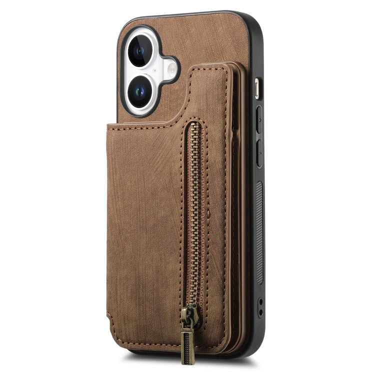 For iPhone 16 Retro Leather Zipper Wallet Back Phone Case(Brown) - More iPhone Cases by buy2fix | Online Shopping UK | buy2fix