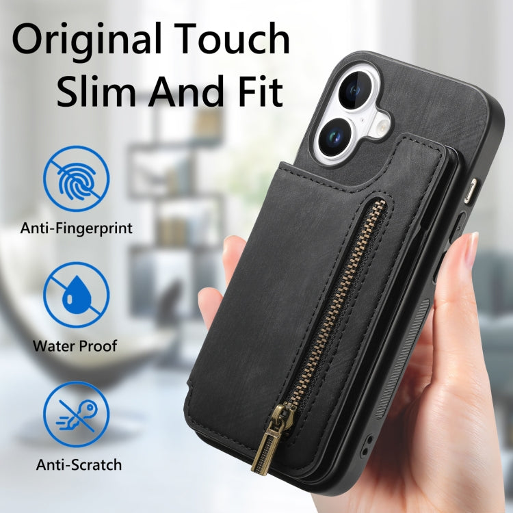 For iPhone 16 Retro Leather Zipper Wallet Back Phone Case(Black) - More iPhone Cases by buy2fix | Online Shopping UK | buy2fix