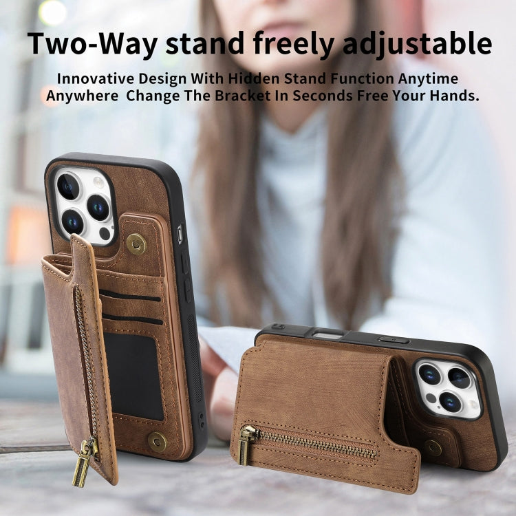 For iPhone 16 Pro Max Retro Leather Zipper Wallet Back Phone Case(Brown) - More iPhone Cases by buy2fix | Online Shopping UK | buy2fix