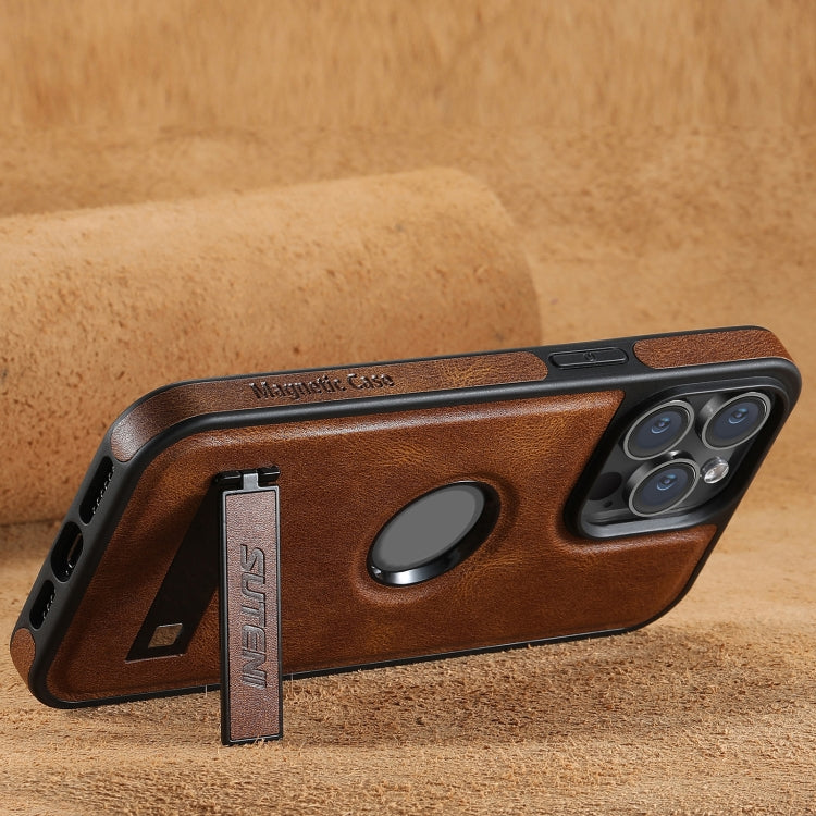 For iPhone 15 Pro Suteni G2 Magsafe Oil Wax Leather Back Phone Case with Holder(Brown) - iPhone 15 Pro Cases by Suteni | Online Shopping UK | buy2fix