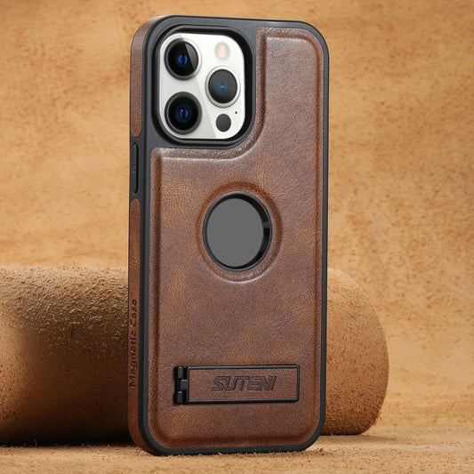 For iPhone 12 Pro Max Suteni G2 Magsafe Oil Wax Leather Back Phone Case with Holder(Brown) - iPhone 12 Pro Max Cases by Suteni | Online Shopping UK | buy2fix