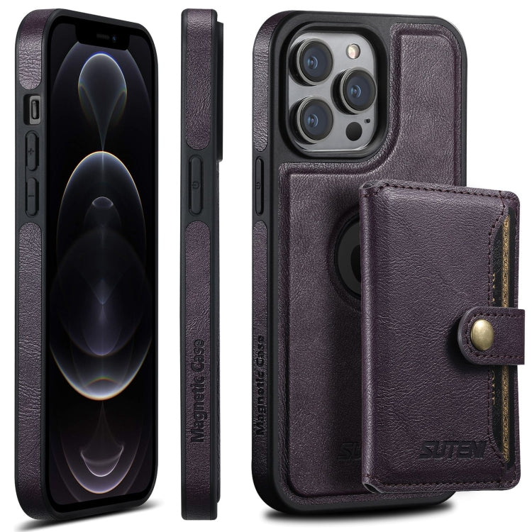 For iPhone 12 Pro Suteni M1 Oil Wax MagSafe Detachable Horizontal Card Bag Phone Case(Purple) - iPhone 12 / 12 Pro Cases by Suteni | Online Shopping UK | buy2fix