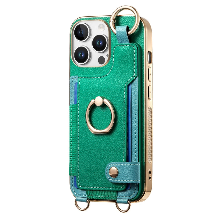 For iPhone 16 Pro Fashion Ring Card Bag Phone Case with Hang Loop(Green) - iPhone 16 Pro Cases by buy2fix | Online Shopping UK | buy2fix