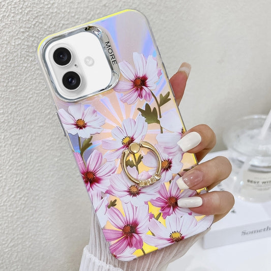 For iPhone 16 Plus Electroplating Laser Flower Ring Holder TPU Phone Case(Cosmos Flower AH7) - iPhone 16 Plus Cases by buy2fix | Online Shopping UK | buy2fix