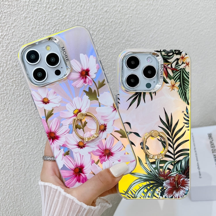 For iPhone 16 Pro Electroplating Laser Flower Ring Holder TPU Phone Case(Peach Blossom AH4) - iPhone 16 Pro Cases by buy2fix | Online Shopping UK | buy2fix